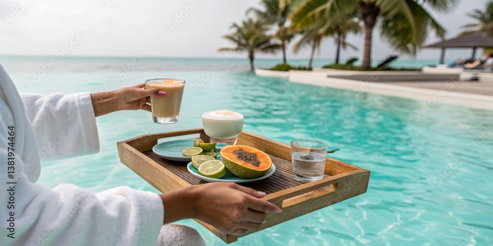 Delicious tropical breakfast served by the poolside with fresh fruit and drinks in a serene coastal setting