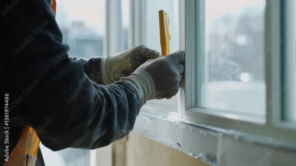 A construction worker applying sealant to window frames at a building site. Featuring focus and precision A construction worker applying sealant to window frames at a building site. Featuring focus and precision