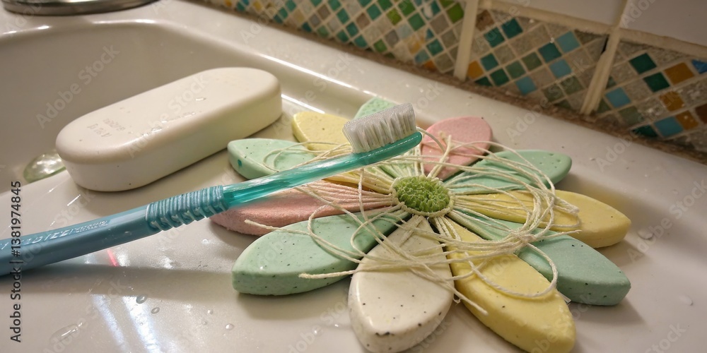 Colorful soap dish with toothbrush and soap in a bathroom sink at home during the day