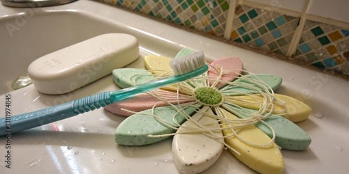 Obraz na płótnie Colorful soap dish with toothbrush and soap in a bathroom sink at home during the day w salonie