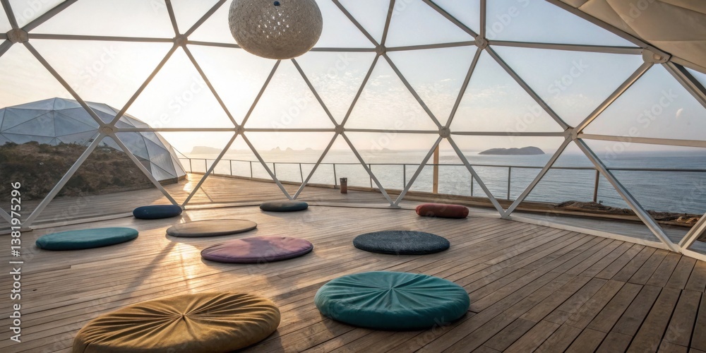 Sunset view from a modern geodesic dome overlooking the ocean with colorful cushions on a wooden deck