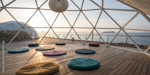 Obraz na płótnie Sunset view from a modern geodesic dome overlooking the ocean with colorful cushions on a wooden deck w salonie