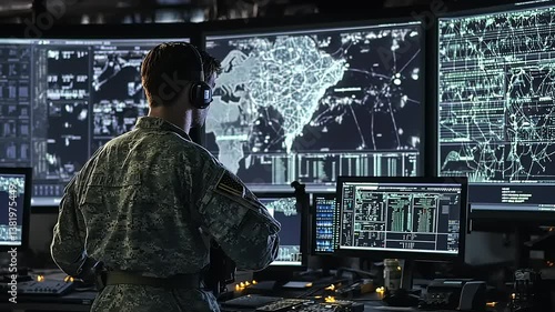Soldier in Camouflage Uniform Overseeing Operations at Command Center with Multiple Screens Displaying Military Data and Strategic Maps in Dark Room