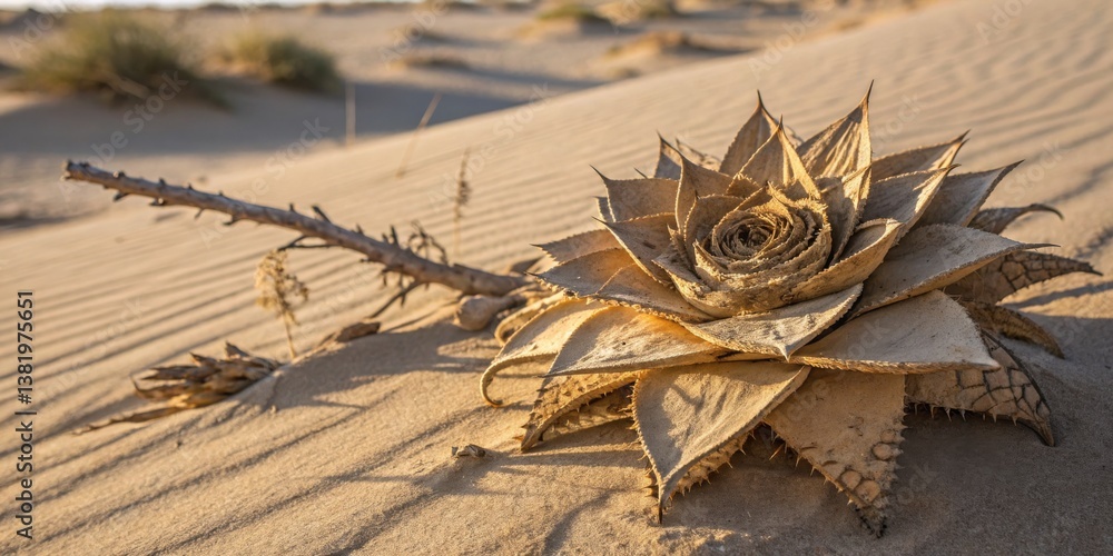 Unique succulent plant resting on golden sand dunes during sunset in a desert landscape