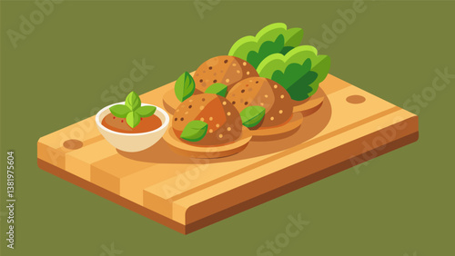 A selection of crispy falafel stuffed g leaves and savory kibbeh balls served on a wooden board.. Vector illustration