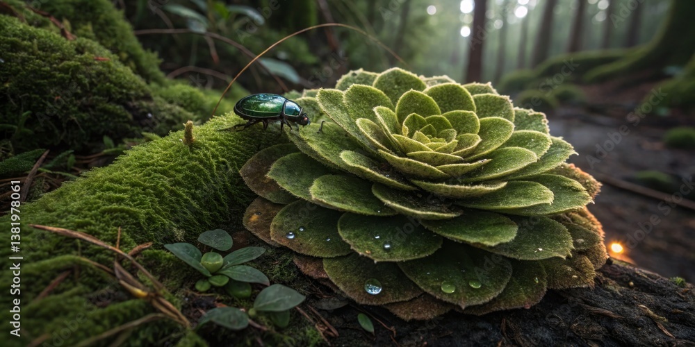 Vibrant beetle resting on a lush green plant in a serene forest surrounded by misty trees
