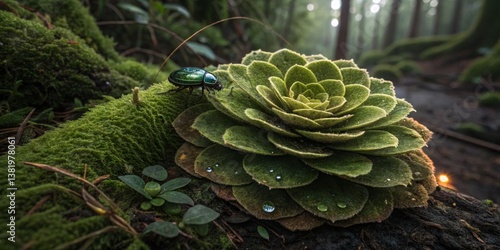 Obraz na płótnie Vibrant beetle resting on a lush green plant in a serene forest surrounded by misty trees w salonie