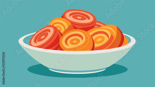 A bowl of sweet and tangy glazed ham rollups perfect for munching on between tennis sets.. Vector illustration