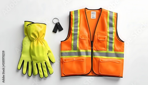 Safety Gear Still Life Including Vest Gloves and Keys on White