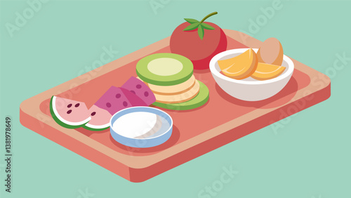 A sctious breakfast snack board with mini pancakes chunks of honeydew melon and a swirl of raspberry yogurt dip.. Vector illustration