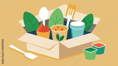 A box of compostable cornstarch forks and ss included with a selection of healthy dips and spreads providing an ecofriendly snacking experience.. Vector illustration