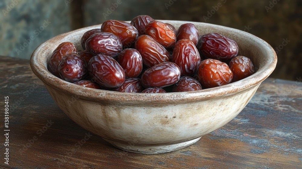 Obraz premium Rustic bowl of fresh dates on wooden table