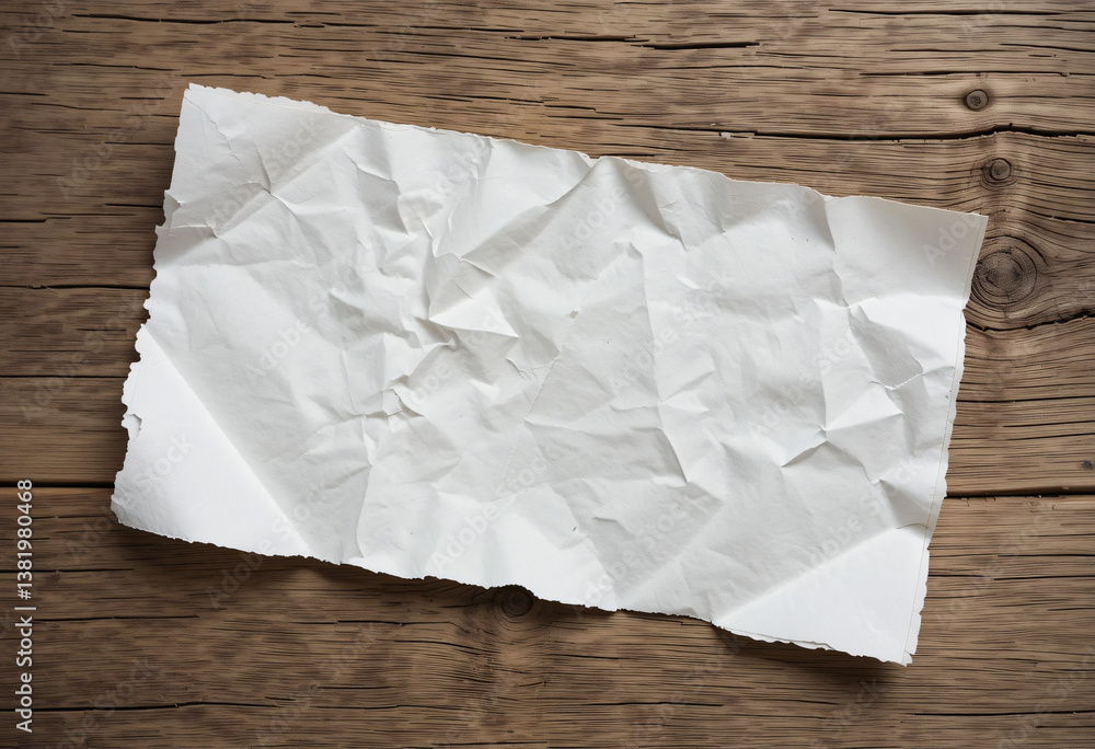 Obraz premium Empty wrinkled white paper texture on weathered oak wood grain table