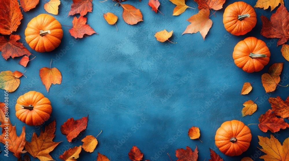 Autumn pumpkins, leaves frame, blue background, fall design Autumn pumpkins, leaves frame, blue background, fall design