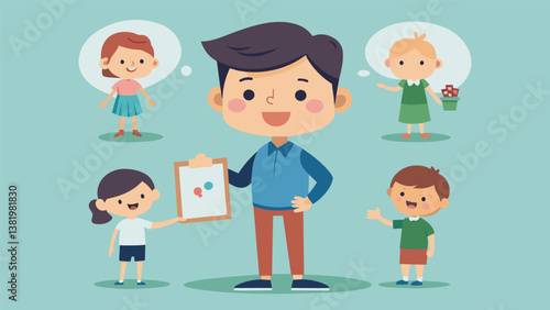 A little boy shyly holds up a drawing of his family and tells the class about each member and their favorite activities.. Vector illustration