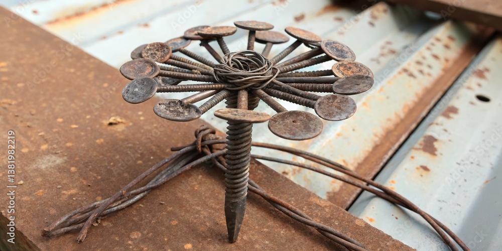 Unique handmade garden decoration created from old nails and wire on a rustic metal background