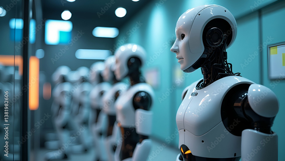 Humanoid robots showcase cutting-edge technology, mimicking human motion to enhance interactivity and revolutionize service automation in photo stock. Humanoid robots showcase cutting-edge technology, mimicking human motion to enhance interactivity and revolutionize service automation in photo stock.