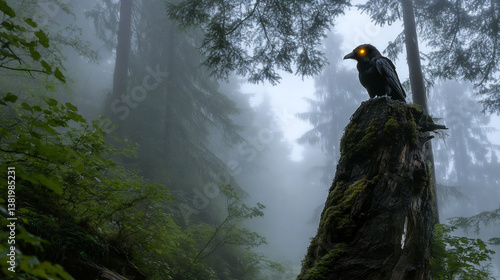 Arcane Raven with Luminous Gaze Guarding Fog-Shrouded Forest