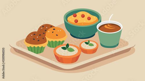 A small platter of bitesized quiches savory muffins and mini quinoa cakes giving a twist to the traditional lunch options for those working from home.. Vector illustration