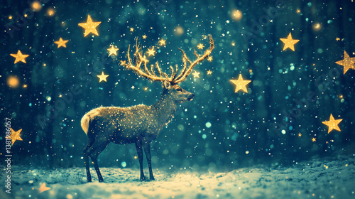 Celestial Stag with Constellation Antlers in Frosted Winter Woods