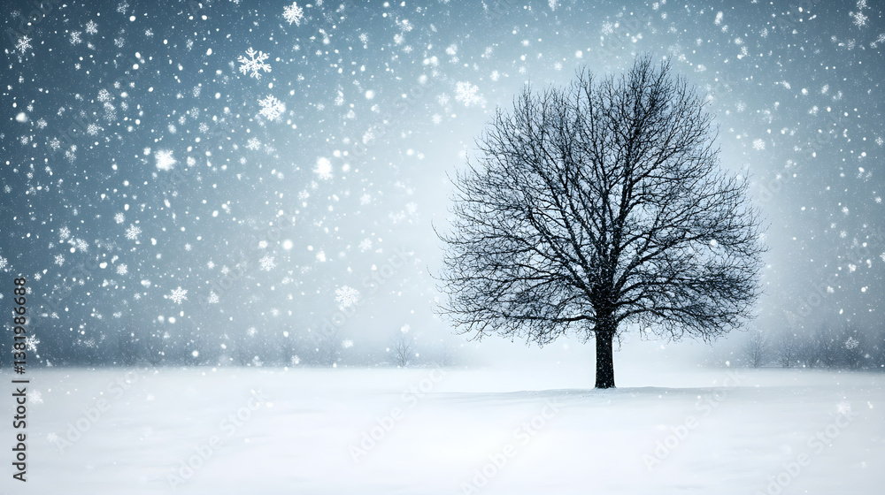 Lone Tree Amidst Pristine Snow-Covered Landscape Evokes Tranquil Stillness and Tranquility Lone Tree Amidst Pristine Snow-Covered Landscape Evokes Tranquil Stillness and Tranquility