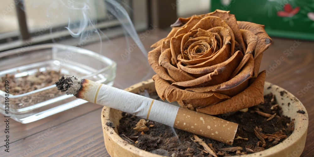 Dried rose beside a smoking cigarette in an ashtray on a rustic wooden table