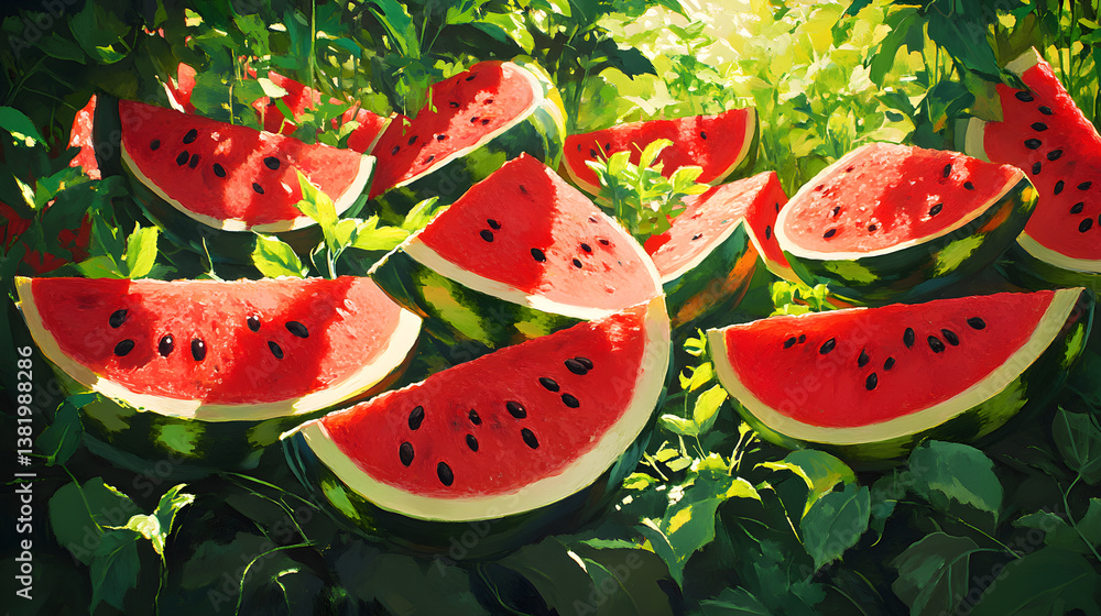 The Essence of Summer: A Juicy Dance of Ripe Watermelons and Sunlit Leaves The Essence of Summer: A Juicy Dance of Ripe Watermelons and Sunlit Leaves