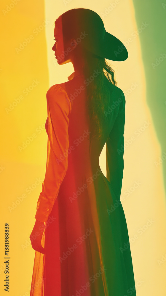 Fototapeta premium A woman in a long green dress and a black hat stands in front of a yellow wall. The dress is flowing and the hat is perched on her head. The woman is posing for a photo