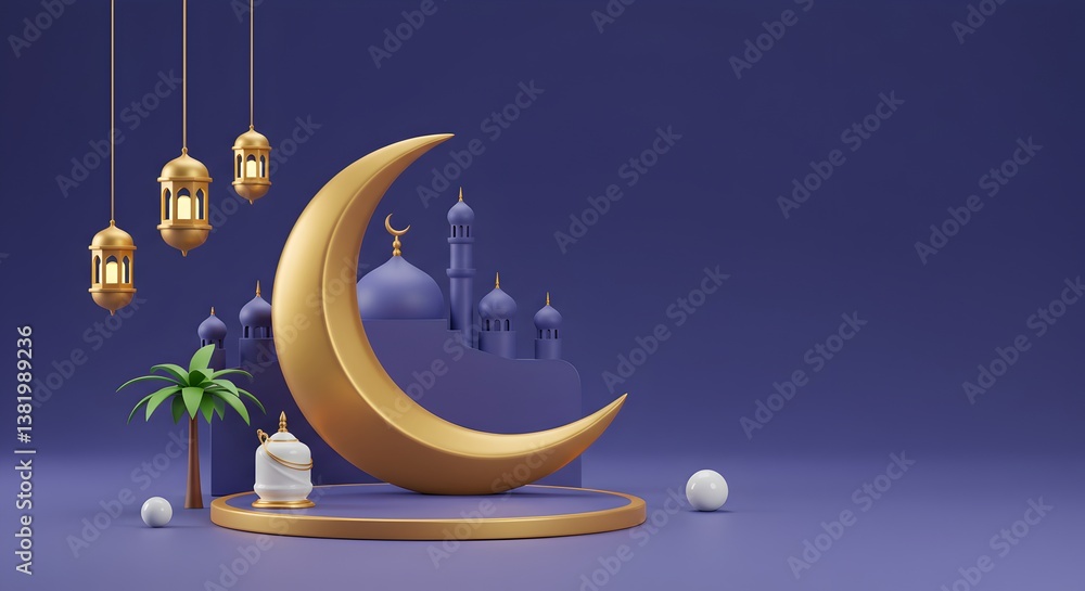 Ramadan-themed display with a golden crescent moon lanterns mosque and palm tree against a purple background for festive occasions Ramadan-themed display with a golden crescent moon lanterns mosque and palm tree against a purple background for festive occasions