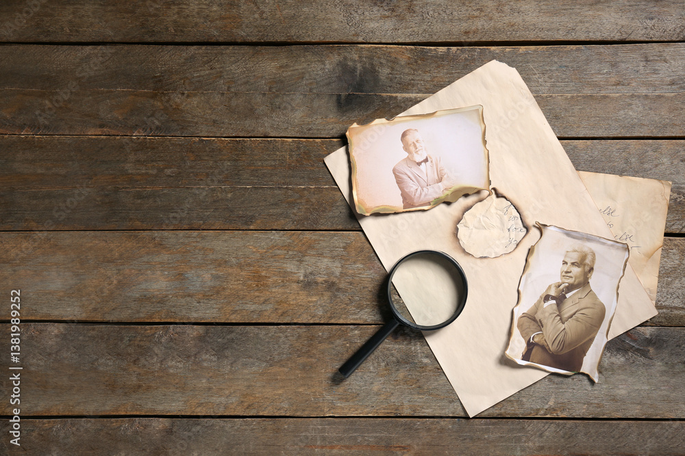 Old photos of relatives with letter and magnifier on wooden background with space for text. Concept of family tree