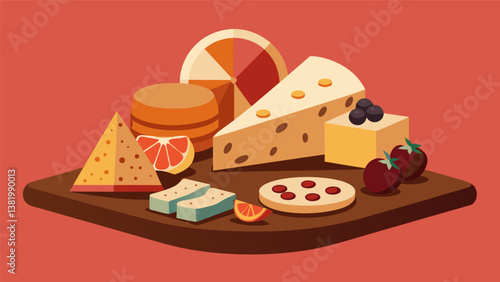 A playful take on the traditional cheese board featuring fruit and nutstudded goat cheese candied walnuts and chunks of dark chocolate.. Vector illustration