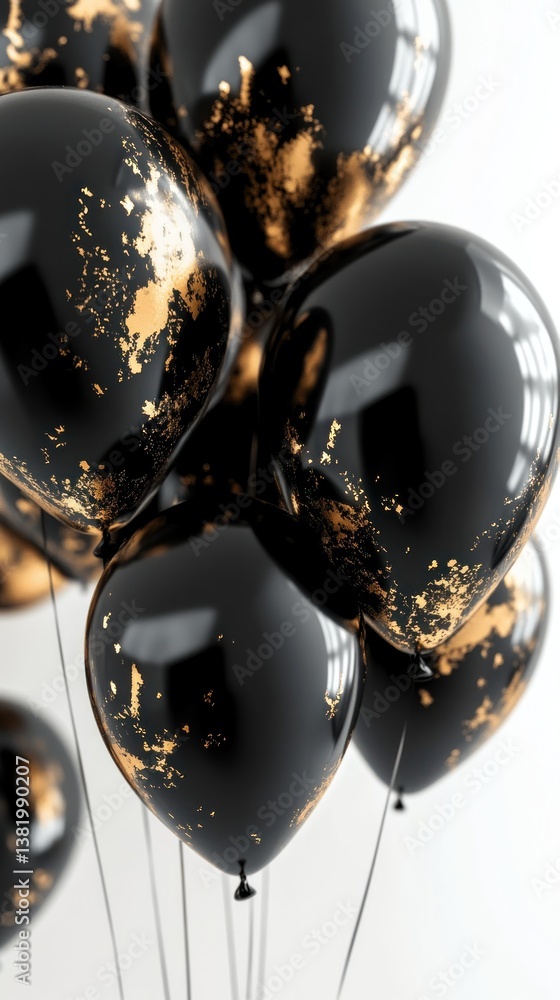 Elegant black balloons with golden accents float against a white backdrop Elegant black balloons with golden accents float against a white backdrop