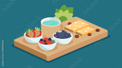A breakfast snack board with mini yogurt parfaits granola bars and fresh blackberries.. Vector illustration