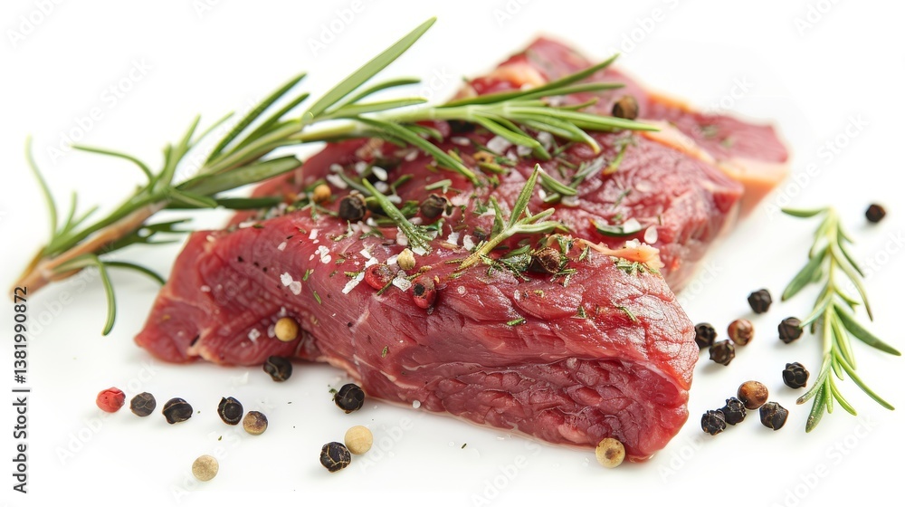 Raw beef steak with rosemary and peppercorns on white background. Raw beef steak with rosemary and peppercorns on white background.