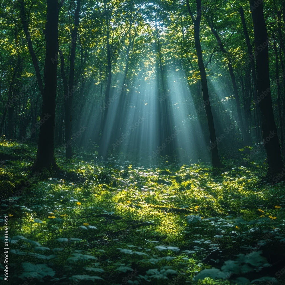 Fototapeta premium Serene Forest Landscape with Sunlight Beams Illuminating Lush Greenery and Soft Foliage on the Forest Floor During a Calm Day in Nature