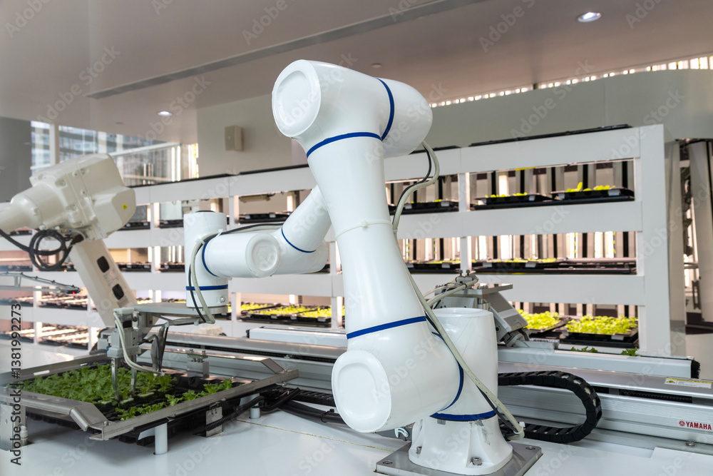 Smart robotic farmers concept with fully automated seeding, nursery and harvesting.