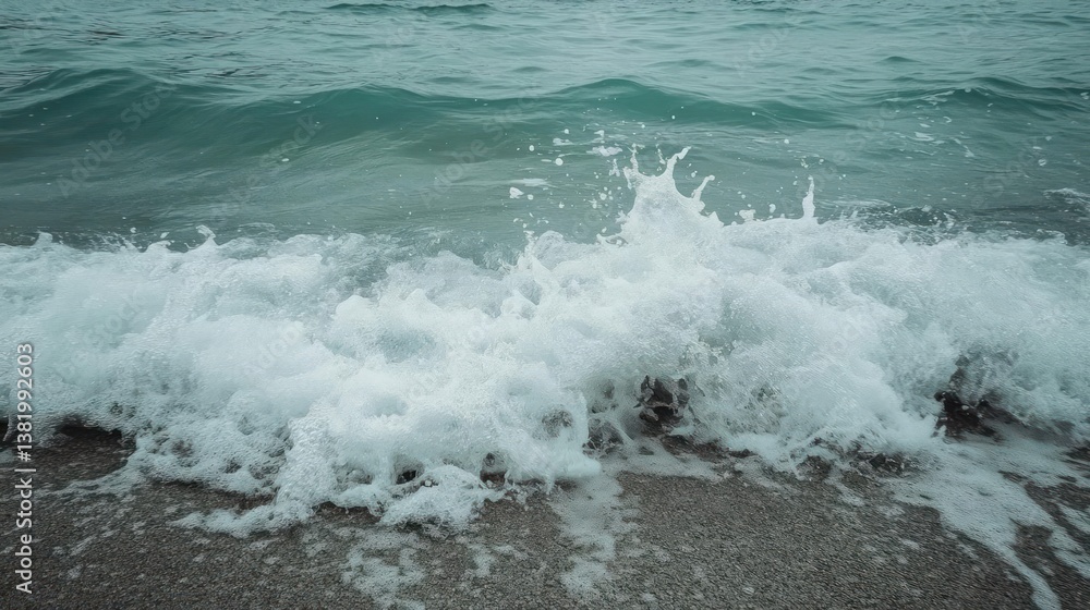 Dynamic Ocean Wave Crashing On Shore With Turquoise Water And White Foam Splashing On Dark Gray Sandy Beach Dynamic Ocean Wave Crashing On Shore With Turquoise Water And White Foam Splashing On Dark Gray Sandy Beach