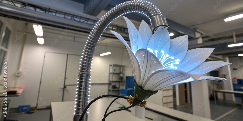 Unique LED flower lamp designed for modern art installation in a bright workshop space