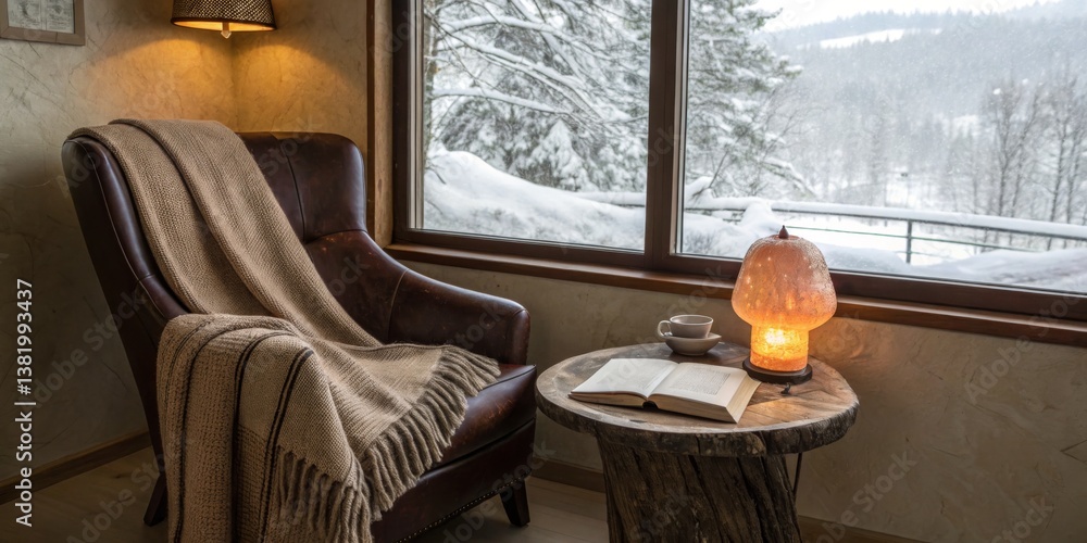 Cozy winter retreat featuring a warm reading nook with a view of snowy landscapes