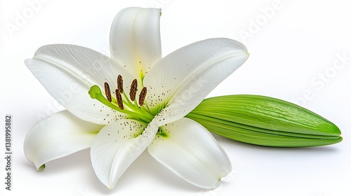 White Lily Blossom with Green Bud on White Background