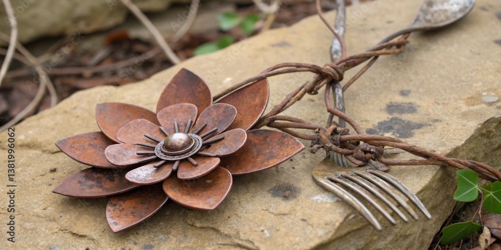 Decorative metal flower sculpture displayed on a natural stone surface with mixed utensils in a garden setting