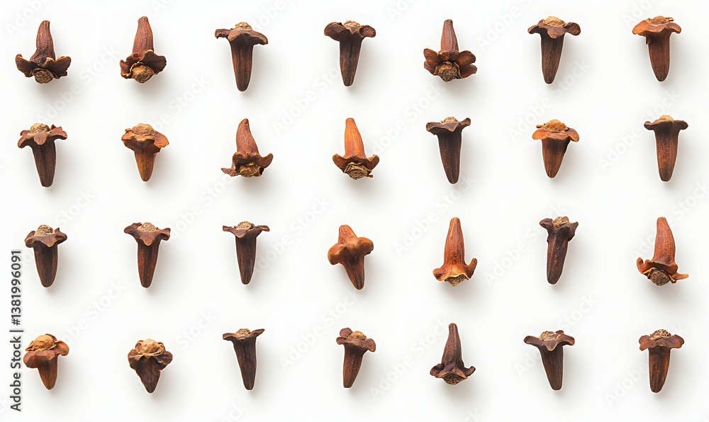Whole cloves arranged neatly on a white surface showcasing culinary uses Whole cloves arranged neatly on a white surface showcasing culinary uses