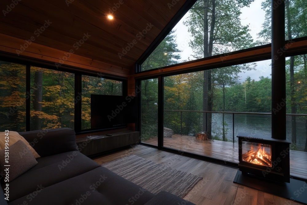 Cozy Cabin Interior With Fireplace And Panoramic View Of Green Forest With Natural Light Cozy Cabin Interior With Fireplace And Panoramic View Of Green Forest With Natural Light