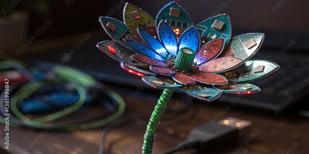 Unique electronic flower sculpture illuminates workspace with vibrant colors and intricate designs