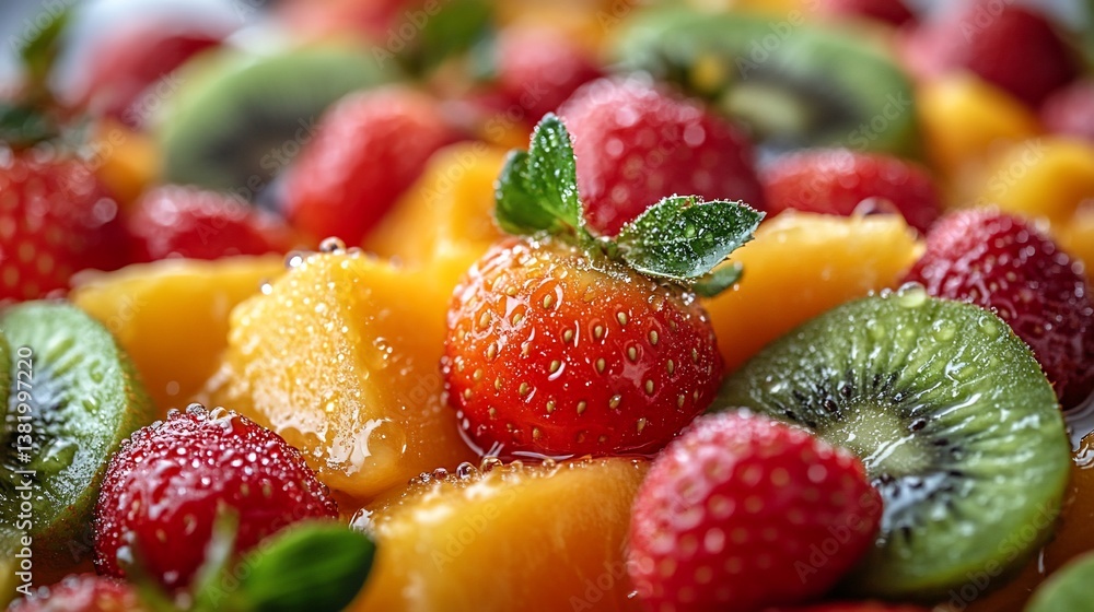 Fruit salad close-up with kiwi, strawberries, and mango. Fresh. Indoors Fruit salad close-up with kiwi, strawberries, and mango. Fresh. Indoors