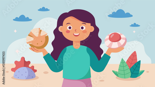 A girl proudly presents her collection of rocks and shells explaining where she found each one and why its special to her.. Vector illustration