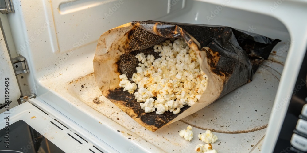 Popcorn bag spills in microwave creating a messy cooking mishap during snack preparation at home