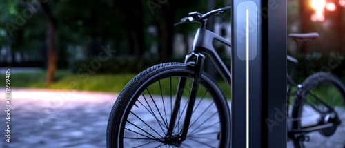 Fototapeta Naklejka Na Ścianę i Meble -  A close up of an electric bike charging station in an urban park with copy space photo . Urban park e bike power point.
