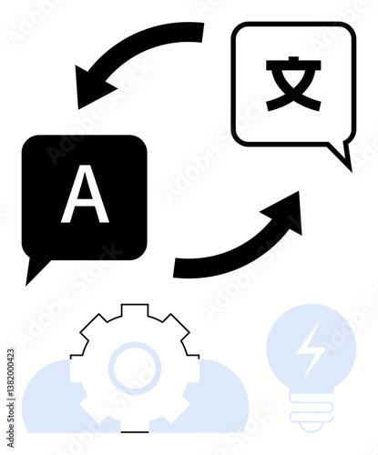 Speech bubbles with letters and arrows for language translation, gear symbolizing process. Ideal for communication, technology, business, global reach, teamwork, multilingualism innovation. Flat