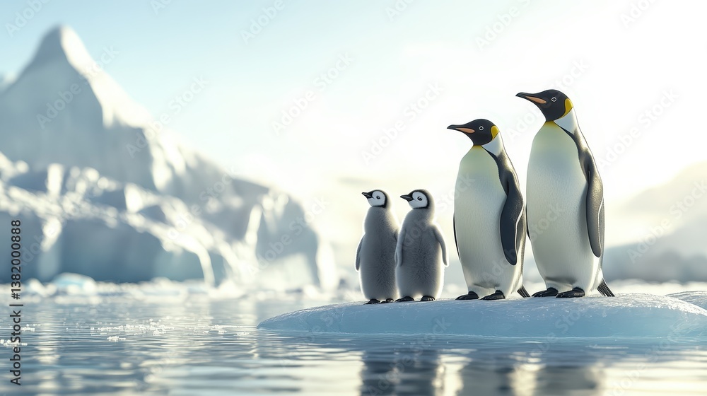 Fototapeta premium Penguin Family in Antarctica: A heartwarming portrayal of a penguin family in the Antarctic wilderness. The scene depicts penguins on an iceberg, set against the backdrop of a snowy mountain range.